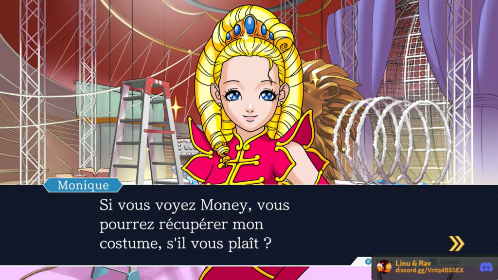 Capture d'écran de Ace Attorney, Justice for all, Monique demande au personnage jouable un service.