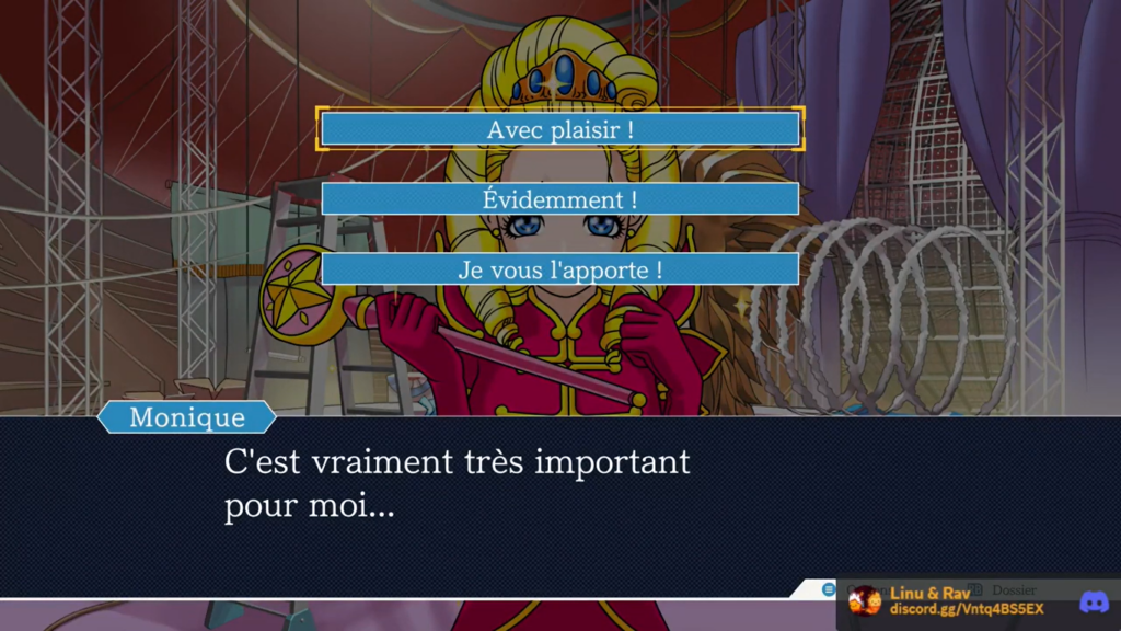 Capture d'écran de Ace Attorney, Justice for all, Monique insiste et trois choix s'offrent à nous : Avec plaisir, Évidemment et Je vous l'apporte.