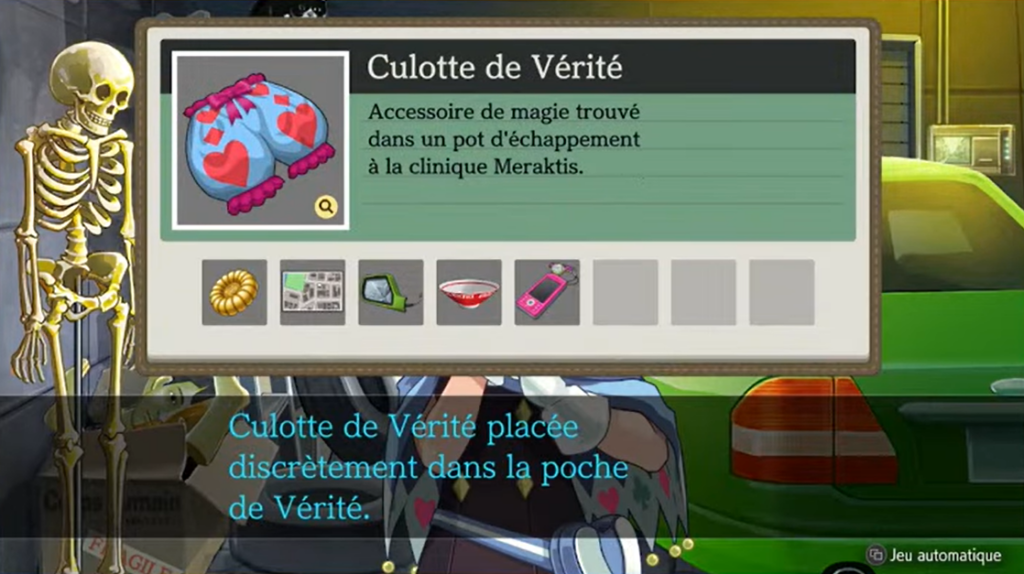 Message détourné d'ajout à l'inventaire : "Culotte de Vérité placée discrètement dans la poche de Vérité"