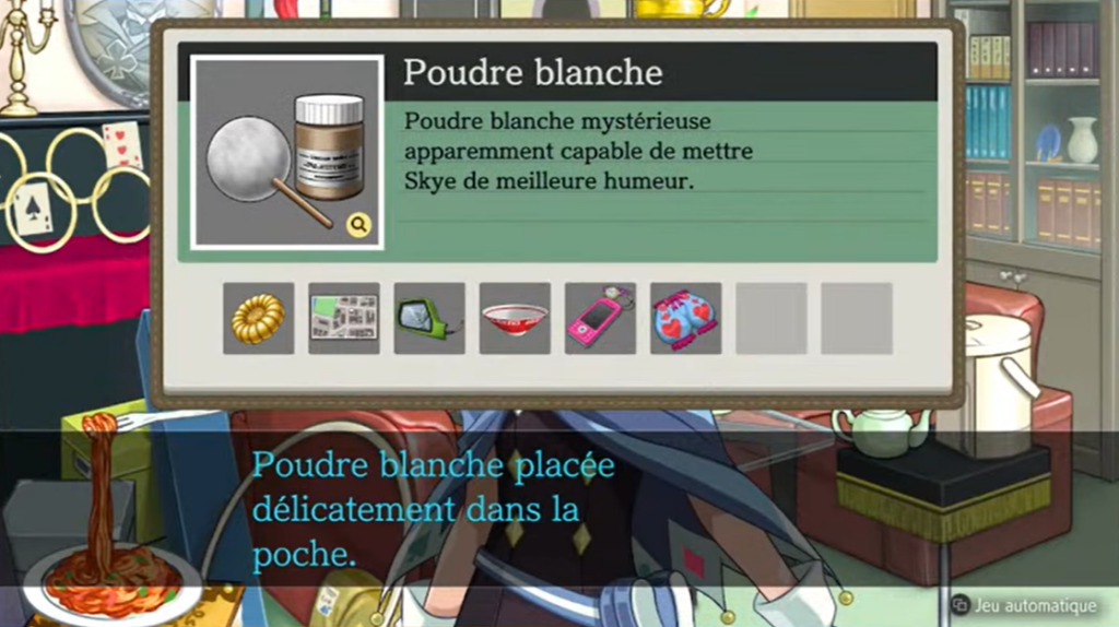 Message détourné d'ajout à l'inventaire: "Poudre blanche placée délicatement dans la poche"