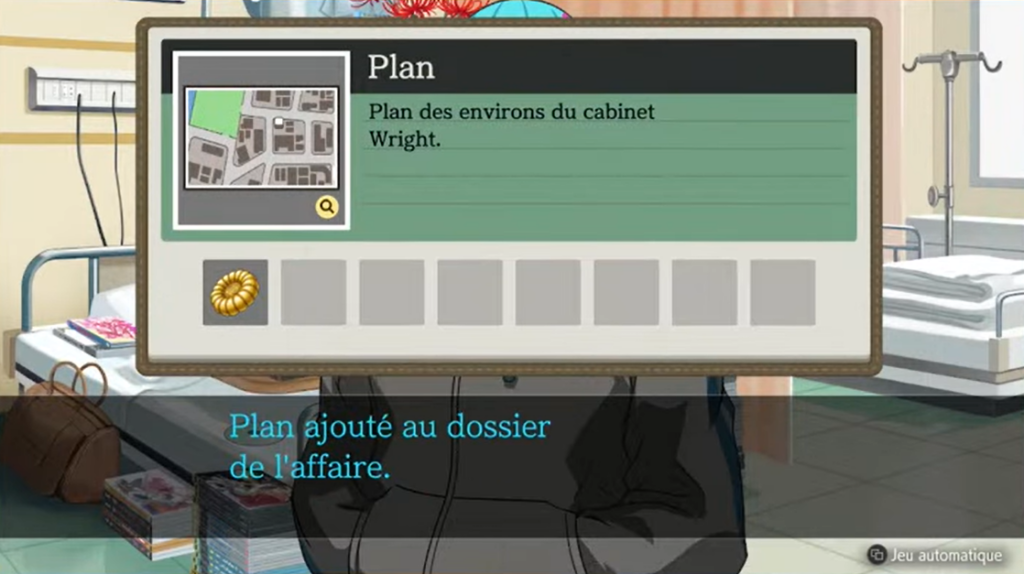 Message standard d'ajout d'un élément à l'inventaire dans Apollo Justice : Ace Attorney, "plan ajouté au dossier de l'affaire"