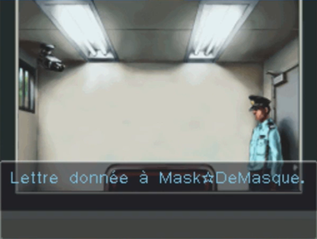 Message standard affiché lorsqu'on donne un objet à un PNJ dans Ace Attorney : Trials and Tribulations "Lettre donnée à Mask DeMasque."