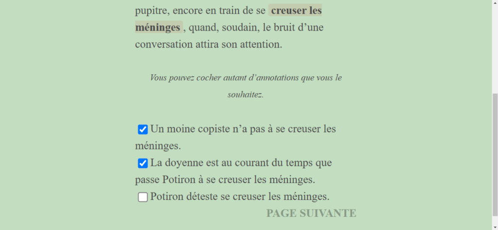 Première page du Héros dont vous êtes le livre, une fois les trous complétés, quelques cases à cocher permettent de donner au jeu des indications sur nos réponses, pour orienter plus tard le récit d'une façon cohérente.